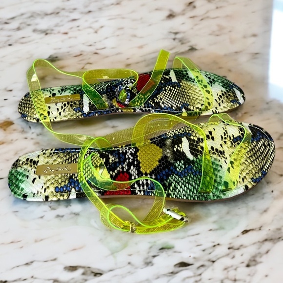 Multi snake neon strappy ankle wrap tie bright slide sandals - Picture 6 of 7